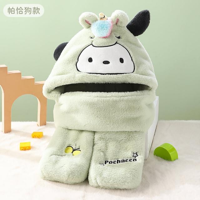 【SANRIO 三麗鷗】三麗鷗兒童毛帽圍巾手套3合1套組(酷洛米/美樂蒂/大耳狗/凱蒂貓 交換禮物/聖誕禮物)