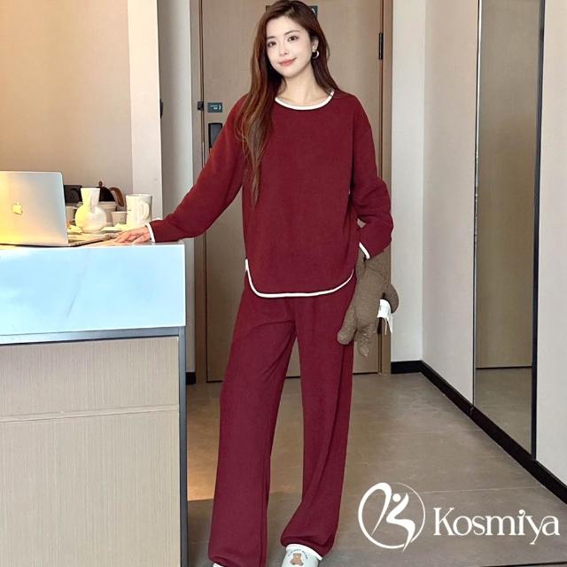 【Kosmiya】1套 加厚刷絨 休閒撞色雪粒絨長袖睡衣/女睡衣/居家服/兩件式睡衣(3色/均碼/加大碼)