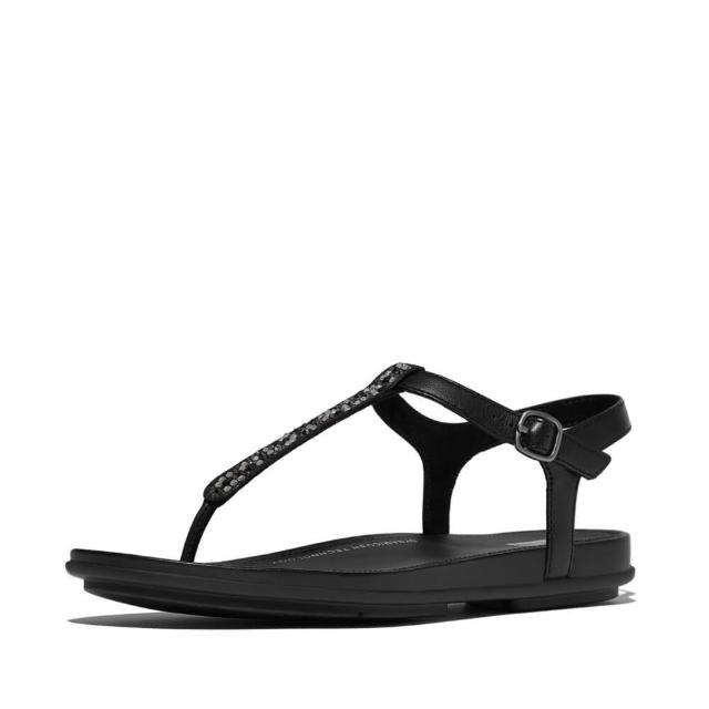 【FitFlop】GRACIE混合水鑽皮革T字後帶涼鞋-女(二色)