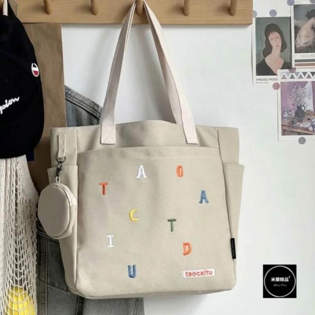 【米蘭精品】極速出貨 手提包帆布肩背包托特包側背包單肩包隨身女包(加厚刺繡字母4款74jn38)