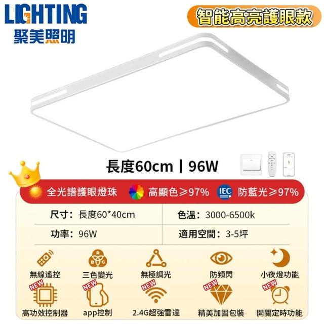 【聚美照明】吸頂燈 全光譜 防藍光護眼 超薄LED 長方形60cm高亮護眼（96W）app遙控(客廳燈/臥室燈/電燈)