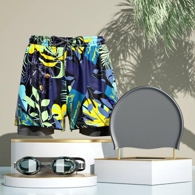 【Sumfun】速乾男士運動泳褲 泳裝三件套  五分平口四角泳褲 專業成人泳裝 男泳衣 男泳裝(泳帽+泳鏡+泳褲)
