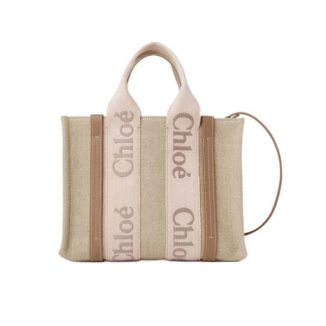 【Chloe’ 蔻依】WOODY SMALL 小號 淺咖/粉提把 亞麻帆布 托特包 手提包 肩背包 斜背包(爆款立挺帆布包)