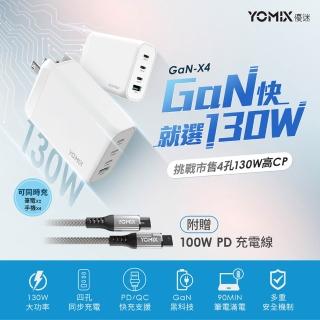 【YOMIX 優迷】130W GaN-X4 type-C/USB-A PD/QC四孔快充充電器(贈100W充電線/支援i18快充/充電頭/豆腐頭)