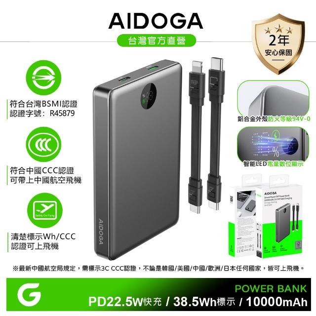 【AIDOGA】10000mAh 可上飛機 智能斷電行動電源 38.5Wh PD充電線雙向快充(BSMI/中國CCC/歐美CE/FCC)