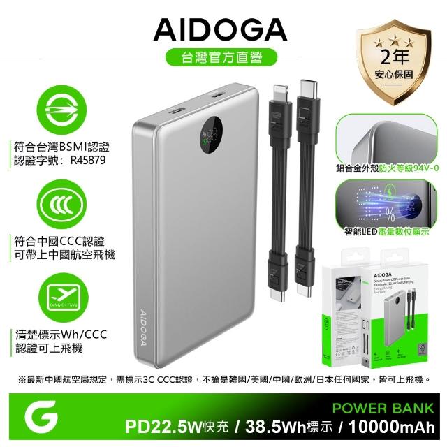 【AIDOGA】10000mAh 可上飛機 智能斷電行動電源 38.5Wh PD充電線雙向快充(BSMI/中國CCC/歐美CE/FCC)
