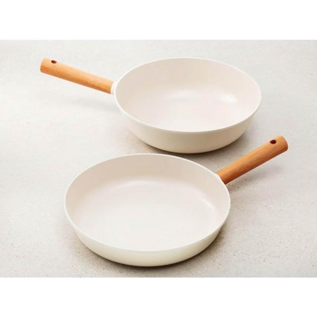 【炊尚宮】韓國製 IH溫馨奶白平底鍋具組 平底鍋28cm+深型平底鍋28cm(IH平底鍋/奶白陶瓷鍋/韓國製平底鍋)
