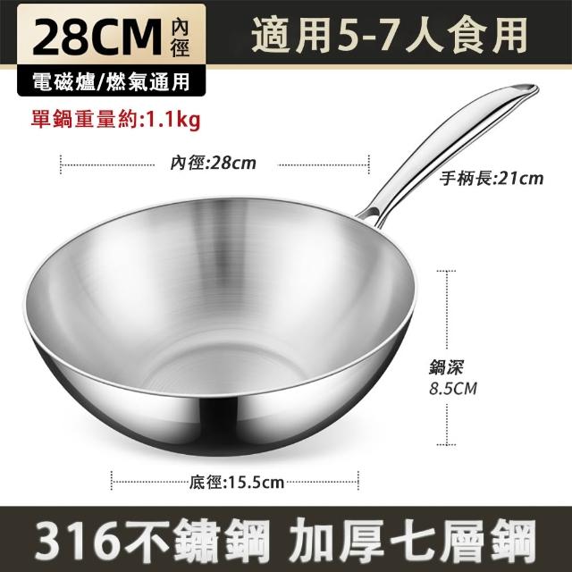 【銘利萊】炒菜鍋 316不鏽鋼炒鍋 煎鍋 加厚七層鋼 28cm煎炒鍋 無塗層無鉚釘 複合鍋 不挑爐灶