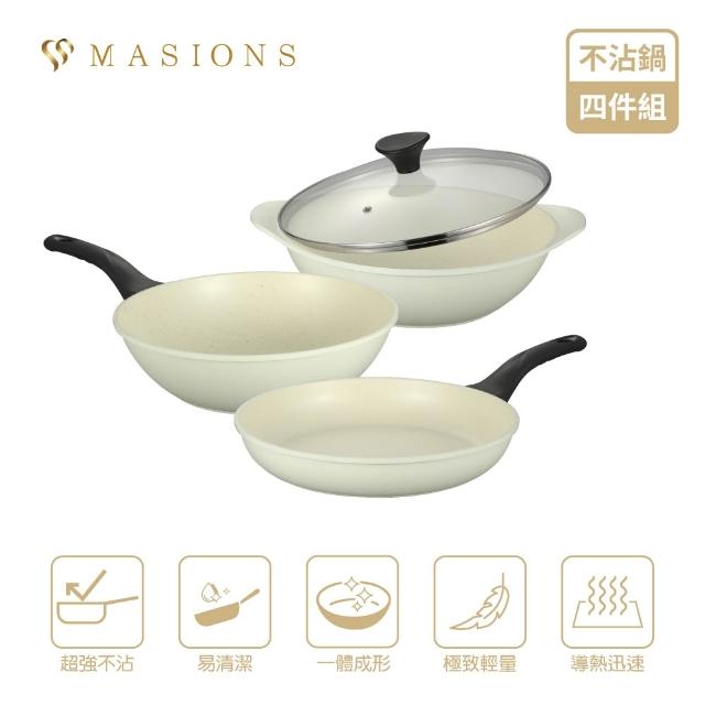 【MASIONS 美心】韓國製雪岩鍋礦岩鈦合金不沾3鍋4件組28cm-附鍋蓋