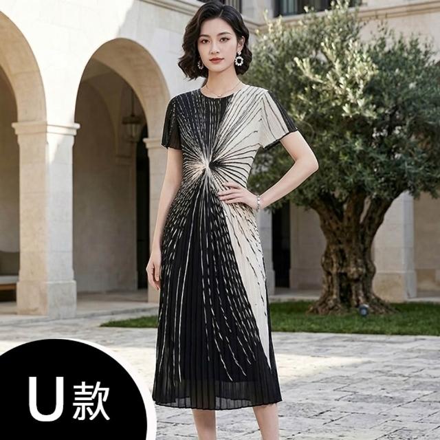【K.W.】MOMO限定春季新品韓國簡約三宅風輕褶衣洋裝(壓褶 中大尺碼 短袖 輕薄 小香風)