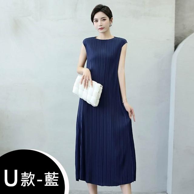【K.W.】MOMO限定春季新品韓國簡約三宅風輕褶衣洋裝(壓褶 中大尺碼 短袖 輕薄 小香風)