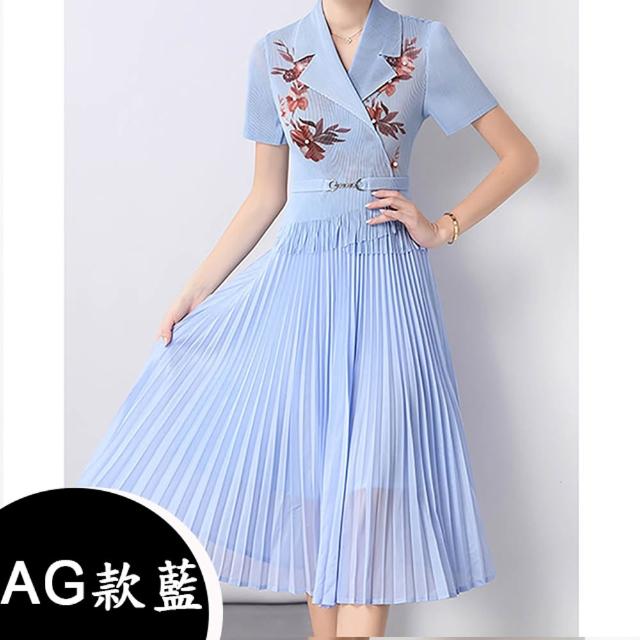 【K.W.】MOMO限定春季新品韓國簡約三宅風輕褶衣洋裝(壓褶 中大尺碼 短袖 輕薄 小香風)