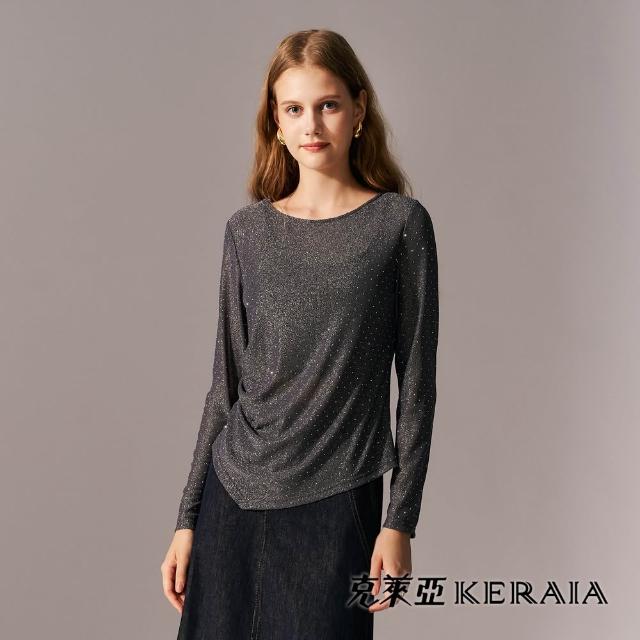【KERAIA 克萊亞】魅力價-星塵軌跡燙鑽網紗抽皺上衣(兩色；M-XXL)