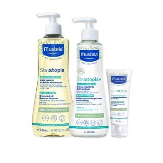 【Mustela 慕之恬廊】舒恬良 乾癢肌全面洗護組(舒緩沐浴油500ml＋滋養益膚柔舒霜300ml有機＋柔舒面霜40ml)