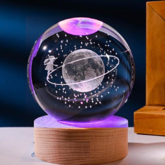 A-ONE 匯旺】流星太陽系8CM 水晶球七彩燈3D雕刻發光水晶球小夜燈LED