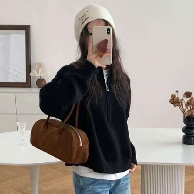 【D.studio】韓版休閒半拉鍊翻領寬鬆針織上衣(毛衣長袖上衣衣服保暖上衣冬天女裝秋冬女裝發熱衣W636)