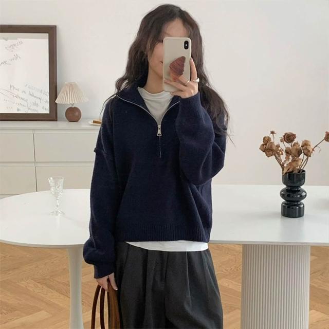 【D.studio】韓版休閒半拉鍊翻領寬鬆針織上衣(毛衣長袖上衣衣服保暖上衣冬天女裝秋冬女裝發熱衣W636)