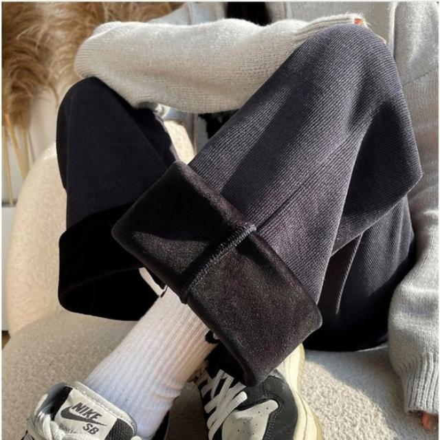 【Everyday select】歐棉顯瘦百搭加絨直筒休閒女長褲S~XXL 40~72kgs有口袋(垂感寬褲闊腿褲直筒褲保暖褲)