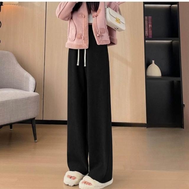 【Everyday select】歐棉顯瘦百搭加絨直筒休閒女長褲S~XXL 40~72kgs有口袋(垂感寬褲闊腿褲直筒褲保暖褲)
