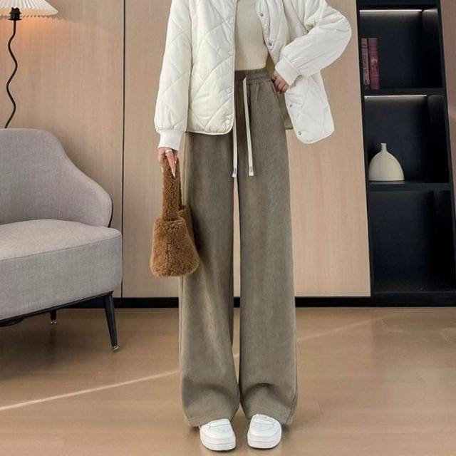 【Everyday select】歐棉顯瘦百搭加絨直筒休閒女長褲S~XXL 40~72kgs有口袋(垂感寬褲闊腿褲直筒褲保暖褲)