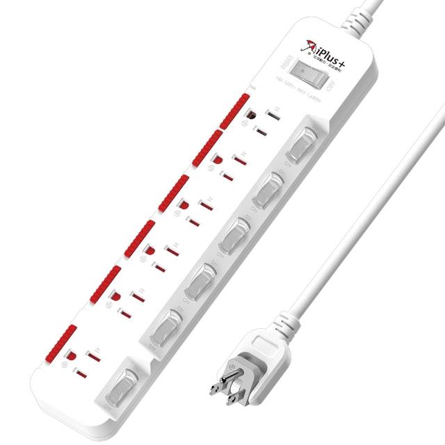 【iPlus+ 保護傘】7開6插3P防塵抗雷擊旋轉插頭延長線4.5M(PU-3767S 斜面開關.台灣製.防火)