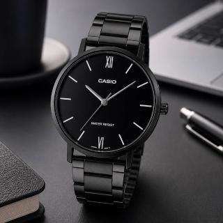 【CASIO 卡西歐】MTP-VT01B-1B 簡約時尚 全黑不銹鋼錶帶男指針錶(錶殼約4.0公分)