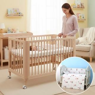 【i-Smart】原生初紋櫸木嬰兒床+折疊床墊+寢具多件組-3件組(加厚8cm｜嬰兒床組｜透氣床墊｜摺疊床墊)