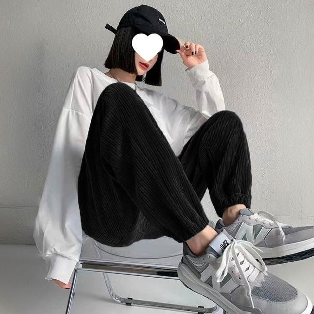【D.studio】韓版加絨加厚奶油色系高腰寬鬆寬褲 褲子長褲休閒褲女裝黑褲發熱褲保暖褲冬天女裝P302