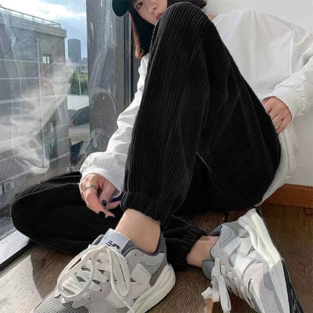 【D.studio】韓版加絨加厚高腰束腳寬褲 褲子 休閒褲 高腰褲 直筒褲 黑褲 發熱褲 保暖褲 秋冬女裝P302