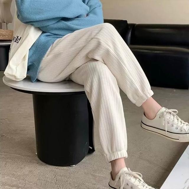 【D.studio】韓版加絨加厚高腰束腳寬褲 褲子 休閒褲 高腰褲 直筒褲 黑褲 發熱褲 保暖褲 秋冬女裝P302