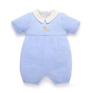 【Purebaby】澳洲有機棉 嬰兒短袖連身衣(新生兒包屁衣 粉藍皺摺棉)