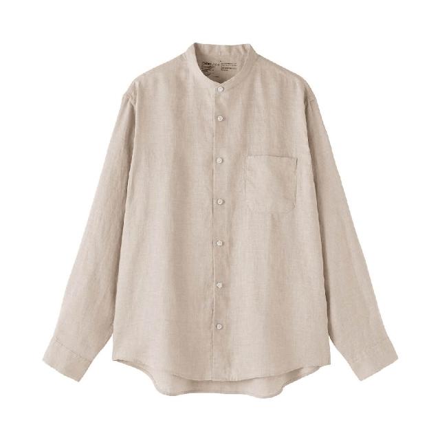 【MUJI 無印良品】男亞麻水洗立領長袖襯衫(白色/原色/淺藍/深藍/墨灰格紋/深棕格紋)