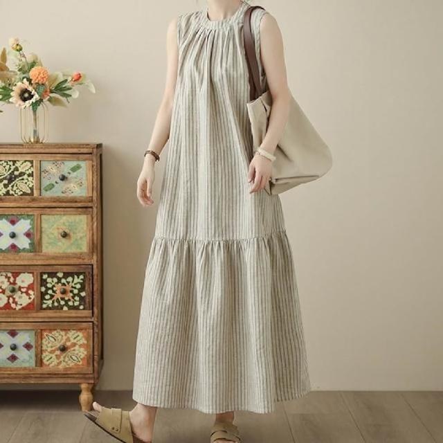 【米蘭精品】多款現貨限搶 洋裝無袖連身裙大尺碼女裝連衣裙(亞麻棉麻休閒長裙顯瘦魚尾女裙子多款74kf18)