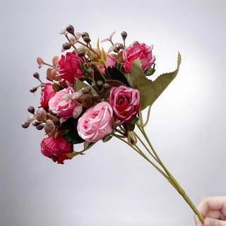 【Floral M】法式復古玫瑰小花園艷麗粉仿真花花材1入組(人造花/仿真花/假花/花藝DIY/裝飾花材)