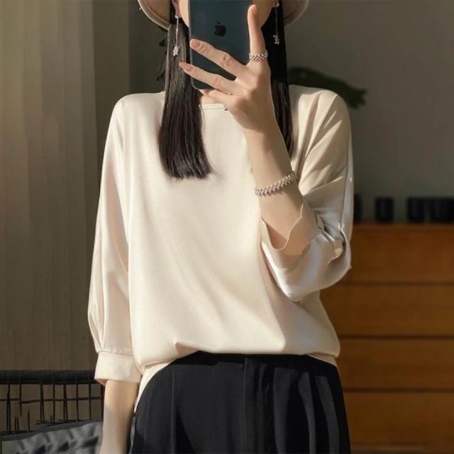 【巴黎精品】多款現貨出清 頂級法式緞面襯衫絲質上衣名媛絲綢冰絲絲質背心(七分袖內搭女素色T恤a1ep15)S