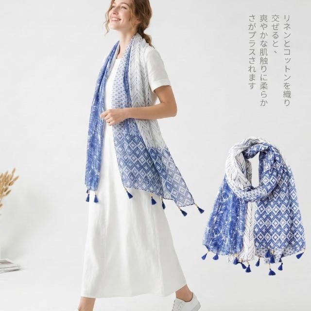 【WOONUE】日系棉麻藍染森林民族風披肩海灘巾披肩圍巾防曬披肩冷氣披巾青花瓷禮物母親媽女友老婆禮物情人節