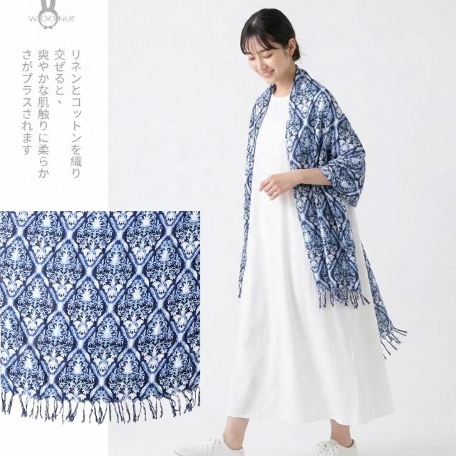 【WOONUE】日系棉麻藍染森林民族風披肩海灘巾披肩圍巾防曬披肩冷氣披巾青花瓷禮物母親媽女友老婆禮物情人節