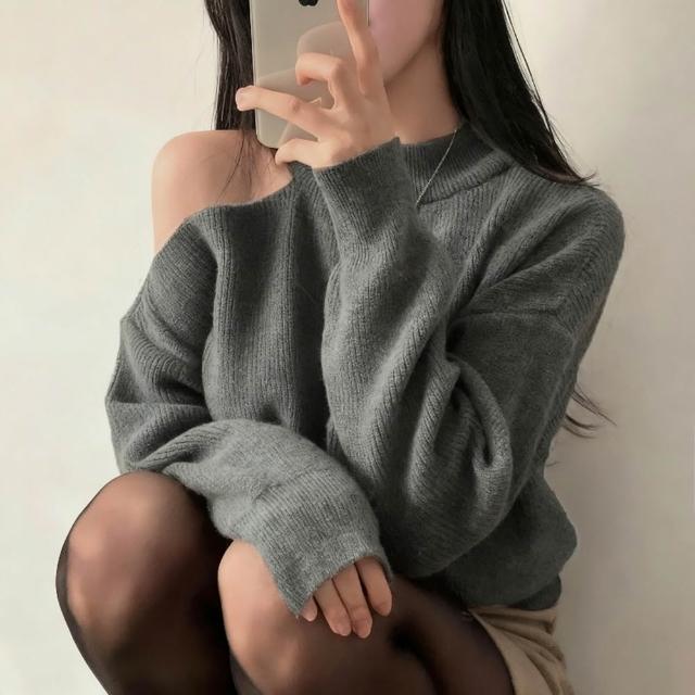 【D.studio】韓版露肩氣質針織上衣 毛衣 長袖上衣 衣服 保暖上衣 秋冬女裝 發熱衣 保暖衣 露肩上衣 W325