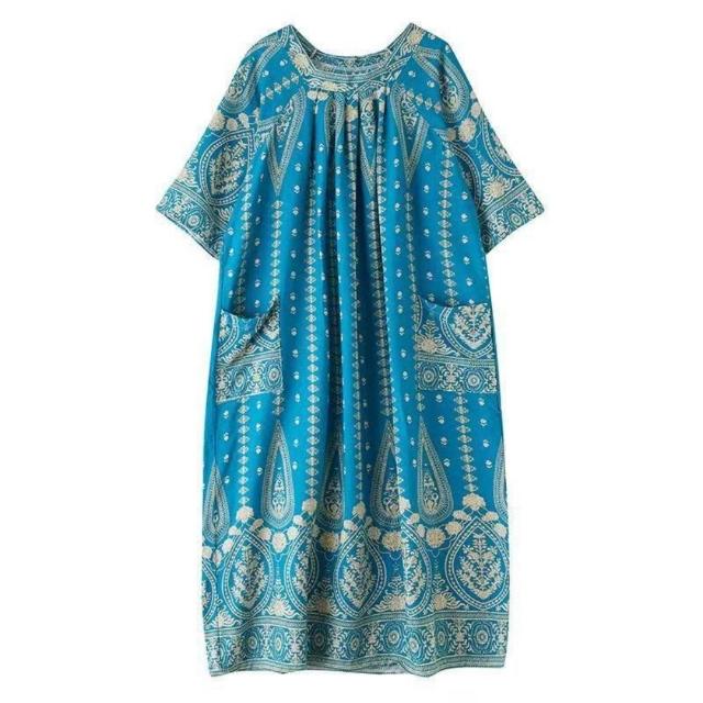 【巴黎精品】極速出貨 連身裙棉綢洋裝大尺碼女裝(圓領寬鬆花色遮肉顯瘦連衣裙女裙子22款b1a13)