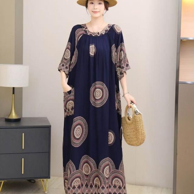 【巴黎精品】極速出貨 連身裙棉綢洋裝大尺碼女裝(圓領寬鬆花色遮肉顯瘦連衣裙女裙子22款b1a13)