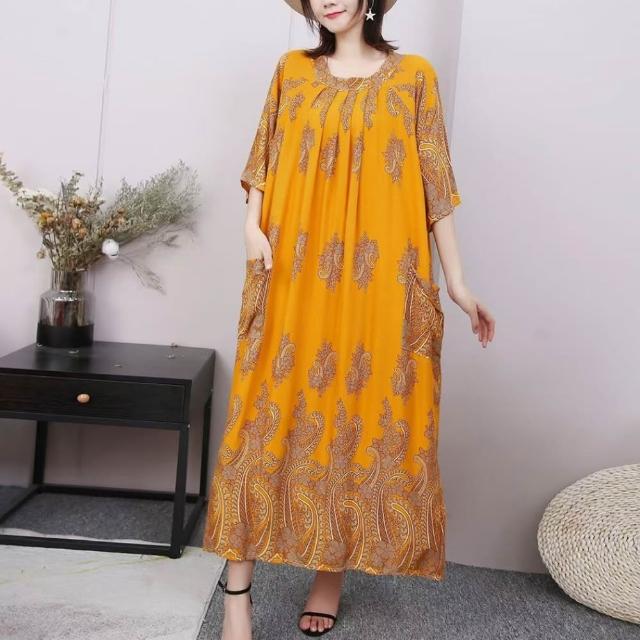 【巴黎精品】極速出貨 連身裙棉綢洋裝大尺碼女裝(圓領寬鬆花色遮肉顯瘦連衣裙女裙子22款b1a13)