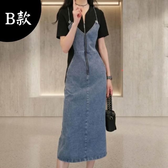 【米蘭精品】現貨限搶 連身裙短袖洋裝(牛仔拼接收腰中長款女裙子4款74km53)