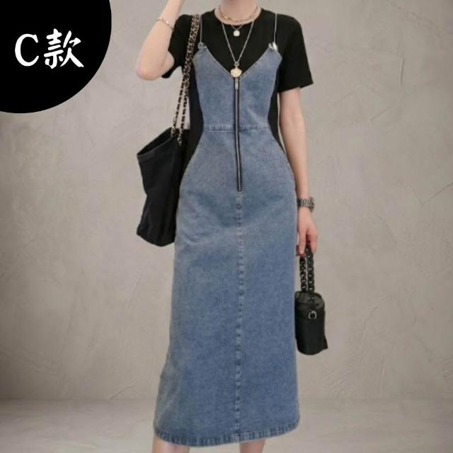 【米蘭精品】現貨限搶 連身裙短袖洋裝(牛仔拼接收腰中長款女裙子4款74km53)