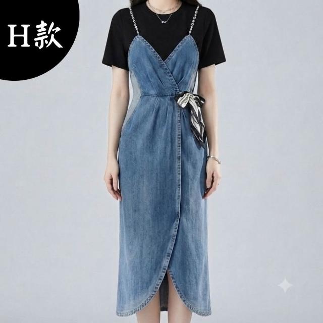 【米蘭精品】現貨限搶 連身裙短袖洋裝(牛仔拼接收腰中長款女裙子4款74km53)