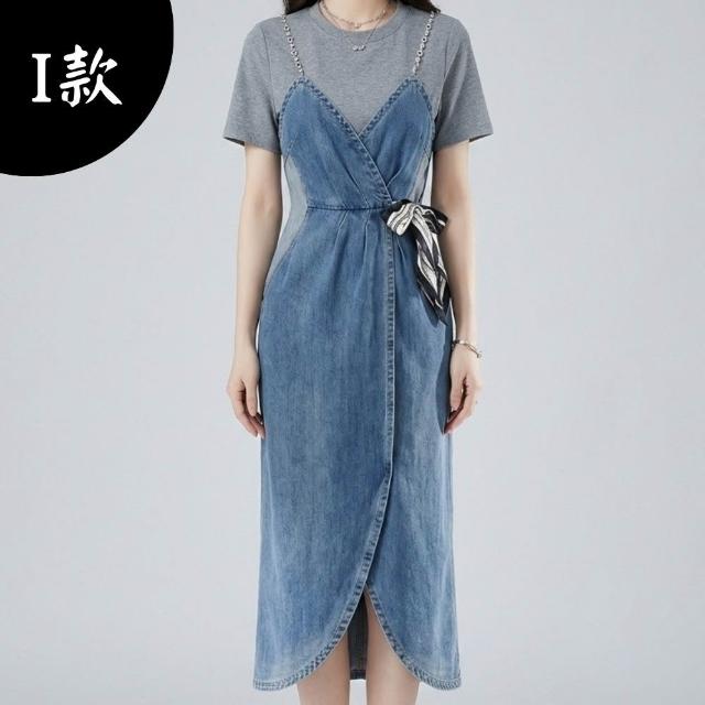 【米蘭精品】現貨限搶 連身裙短袖洋裝(牛仔拼接收腰中長款女裙子4款74km53)