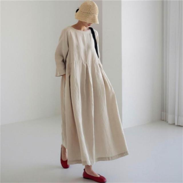 【巴黎精品】現貨限搶 女連身裙亞麻棉麻洋裝大尺碼寬鬆長裙A字裙休閒女裝(長袖太陽裙女裙子3款b1a26)