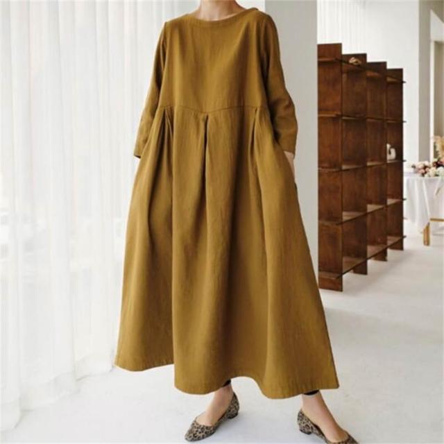 【巴黎精品】現貨限搶 女連身裙亞麻棉麻洋裝大尺碼寬鬆長裙A字裙休閒女裝(長袖太陽裙女裙子3款b1a26)