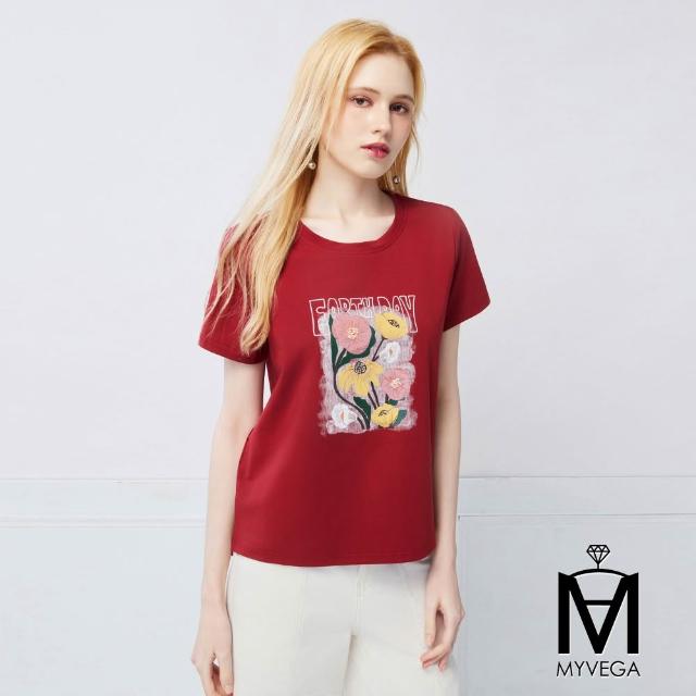 【MYVEGA 麥雪爾】MA涼感彈力棉花卉刺繡/金箔字母擴型版上衣-多款任選(日系/女上衣/涼感/短袖)