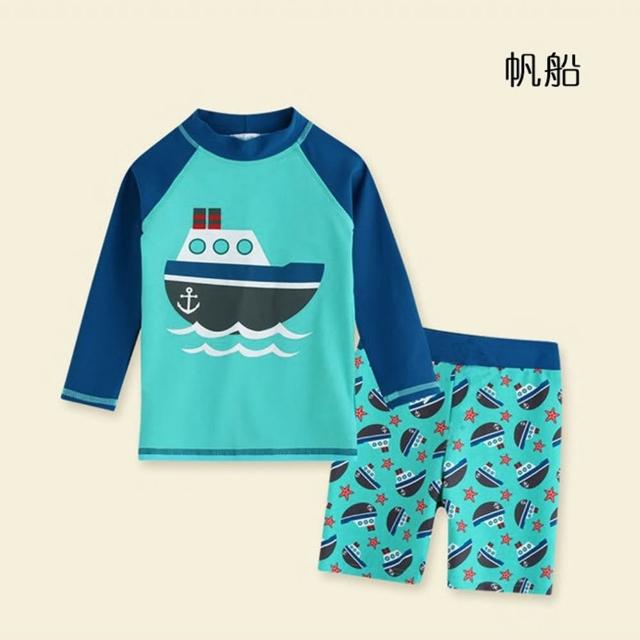 【橘魔法】鯊魚 恐龍 北極熊 帆船 螃蟹長袖防曬泳衣+泳褲 2件式 兒童 男童 泳衣 泳裝 泳褲 水母衣 游泳課