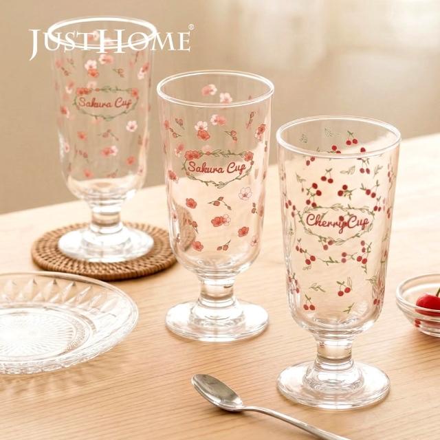 【Just Home】花園系透明玻璃杯3件組285ml-櫻花、櫻桃(水杯 玻璃杯 高腳杯)